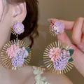 Elegant floral drop earrings with colorful fabric petals and gold-tone sunburst frame. - Multicolor Flower Ball Gold Base (46#)