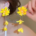 Elegant bright yellow floral tassel earrings featuring delicate pearl and crystal details - Bright Yellow Flower Pearl Decoration (65#)