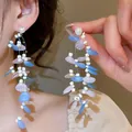 Elegant long dangle silver needle earrings with blue and purple flower petals and beads - Blue Purple Petal Pearl Earrings (35#)