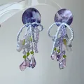 Exquisite purple floral tassel earrings featuring crystal beads and elegant bridal design style - 12# Stud Earrings - Blue - Purple