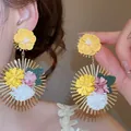 Handmade elegant floral tassel earrings featuring vibrant yellow pink and white petals - Triple Layer Colorful Flower Gold Tassel (47#)