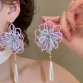Elegant handmade beaded flower earrings with a long white teardrop pearl pendant for women - Purple Blue Woven Pearl Pendant (45#)