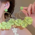 Oversized gold double hoop earrings with vibrant green layered fabric flower petals - Olive Green Petal Gold Double Ring (42#)