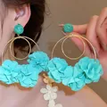 Stylish oversized turquoise fabric flower double hoop earrings for fashion jewelry - Blue Green Petal Gold Double Ring (43#)