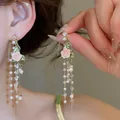 Elegant bridal style pink flower tassel drop earrings with sparkling rhinestones - Pink Flower Green Leaf Rhinestone Tassel (51#)