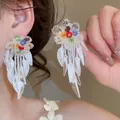 Exquisite handmade colorful beaded flower tassel earrings with silver needles for women - Multi-Color Bead Flower White Leaf (44#)