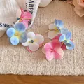 Fashionable hoop earrings with oversized blue and pink gradient fabric flower petals - Gradient Three-Color Flower Gold Circle (59#)