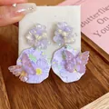 Elegant purple resin butterfly flower drop earrings for women stylish bridal jewelry design - Purple Butterfly Flower Gold Leaf (67#)