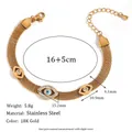 18K gold plated stainless steel bracelet with three evil eye pendants and cubic zirconia - Triple Evil Eye Rhinestone Mesh Chain Bracelet - Gold