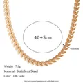 Detailed macro view of 18K gold plated stainless steel leaf chain necklace with dimensions - Leaf Fishtail Necklace - Gold / 40cm+5cm