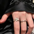 Adjustable silver flower rings set with white opal clover and zircon details - 2Pcs Four-leaf Clover Mother of Pearl Rings