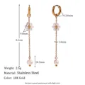 18K gold plated stainless steel hoop earrings with white pearl flower drop charms - Handmade Pearl Flower Chain Earrings / Gold