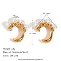Boucles d'oreilles créoles C en acier doré 18K avec perles et détails de dimensions - Ear Cuff en Forme de J avec Quatre Perles - Or