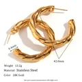 18K gold plated stainless steel hollow twisted C-shape hoop earrings for women - 42mm / Gold Twisted Hoop