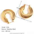18K gold plated stainless steel hoop earrings with textured geometric ribbed design - 40mm / Gold Flat Round Textured