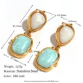 18K gold plated titanium earrings with Amazonite and white stone drop, 42.3mm length - Geometric Splicing Amazonite Vintage Drop Earrings (E7367) / Gold