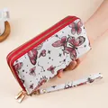 Quilted women's long wallet in white with butterfly patterns and double zippers - Red