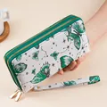 Green and white floral long wallet for women with double zipper and butterfly pattern - Green