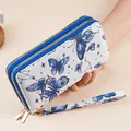 White butterfly long wallet with double zipper layers and removable wrist strap - Blue