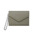 Slim taupe genuine leather envelope wallet with pebble grain and silver chain - Matcha Green