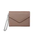 Slim taupe pebble leather envelope wallet with V-flap and silver chain wristlet strap - Khaki