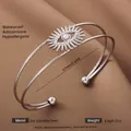 Silver stainless steel open cuff bracelet with sun totem and white bead in silver finish - Silver Sun Eye Artificial Pearl Style