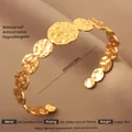 Adjustable 18k gold plated stainless steel cuff bracelet with hammered texture finish - Gold Round Hammered Style (31)