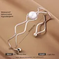 Adjustable wavy stainless steel cuff bracelet with white pearl accent in silver finish - Silver Wave Artificial Pearl Style (45)
