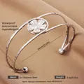 Silver 18k gold-plated open cuff bracelet in 304 stainless steel with hammered texture - Silver Five Petal Flower Style