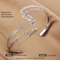 Silver wavy open bangle in 304 stainless steel with textured anti-slip diagonal patterns - Silver Double Z Wave Texture Style