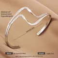 Silver 304 stainless steel wavy open cuff bracelet with 64mm diameter and textured finish - Silver Z-Shaped Single Side Texture Style