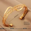 18K gold plated stainless steel wave woven cuff bracelet with spherical end accents - Gold Z-Shaped Wave Interlaced Style