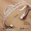 Silver braided stainless steel open cuff bracelet with detailed woven texture design - Silver Z-Shaped Wave Interlaced Style