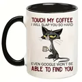 Close-up of 11oz ceramic coffee mug with funny black cat illustration and bold lettering - Black Cat Warning Style (6886-5)