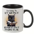 Detail of 11oz ceramic mug with funny black cat illustration and humorous quote - Religious Humor Cat Style (6886-7)