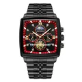 Elegante schwarze Tonneau-Herrenuhr mit Mondphase und Tourbillon-Zifferblatt-Details - Schwarzes Band Rotes Zifferblatt (EU-Standard + Schmetterlingsschließe)