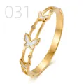 Elegant gold butterfly stainless steel bracelet with white shell inlays and crystals - Double Ring Hollow Triple Mother of Pearl Butterfly Style (031)