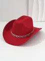 Detailansicht roter Cowboyhut mit silberner Kette und Kristall-Diamant-Fransen-Verzierung - M (56-58cm) / Rot