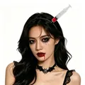 Halloween vampire headband with bloody syringe and black lace bat pendant necklace - Syringe Through Head