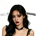 Halloween bloody cleaver headband and black bat choker necklace for cosplay parties - Knife Through Head