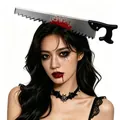 Halloween blood saw headband with realistic splatter and black bat choker necklace set - Saw Through Head