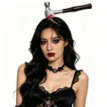 Halloween scary hammer headband and black lace bat choker set for horror costumes - Hammer Through Head