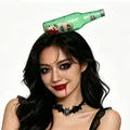 Halloween headband with bloody beer bottle and black bat choker necklace for horror party - Beer Bottle Through Head