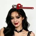 Realistic Halloween blood-splattered pipe wrench headband for spooky zombie costume parties - Red Wrench Through Head