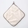 Absorbent beige waffle weave kitchen dishcloth with hanging loop and plaid trim - No Packaging / White