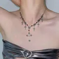 Gothic silver cross pendant necklace with red beads for Y2K aesthetic style jewelry - Cross Patchwork Necklace (X4165)