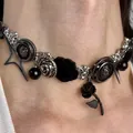 Bohemian gothic silver necklace with black resin rose and star pendants for women - Gothic Black Silver Rose Pentagram Pendant Thick Necklace (L0023X)