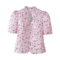 Slim fit floral print top with stand collar and puff sleeves in pink satin fabric - S / Pink Floral