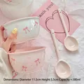 Pink and white ceramic bowl set with red bow patterns, 11.5cm diameter for rice or dessert - 4.5 Inch Bowl + Twisted Spoon - White & Pink Bow Set - 1 Set