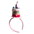Pink plush birthday headband with cake design, purple candle and Happy Birthday embroidery - 1 Candle Gold Thread